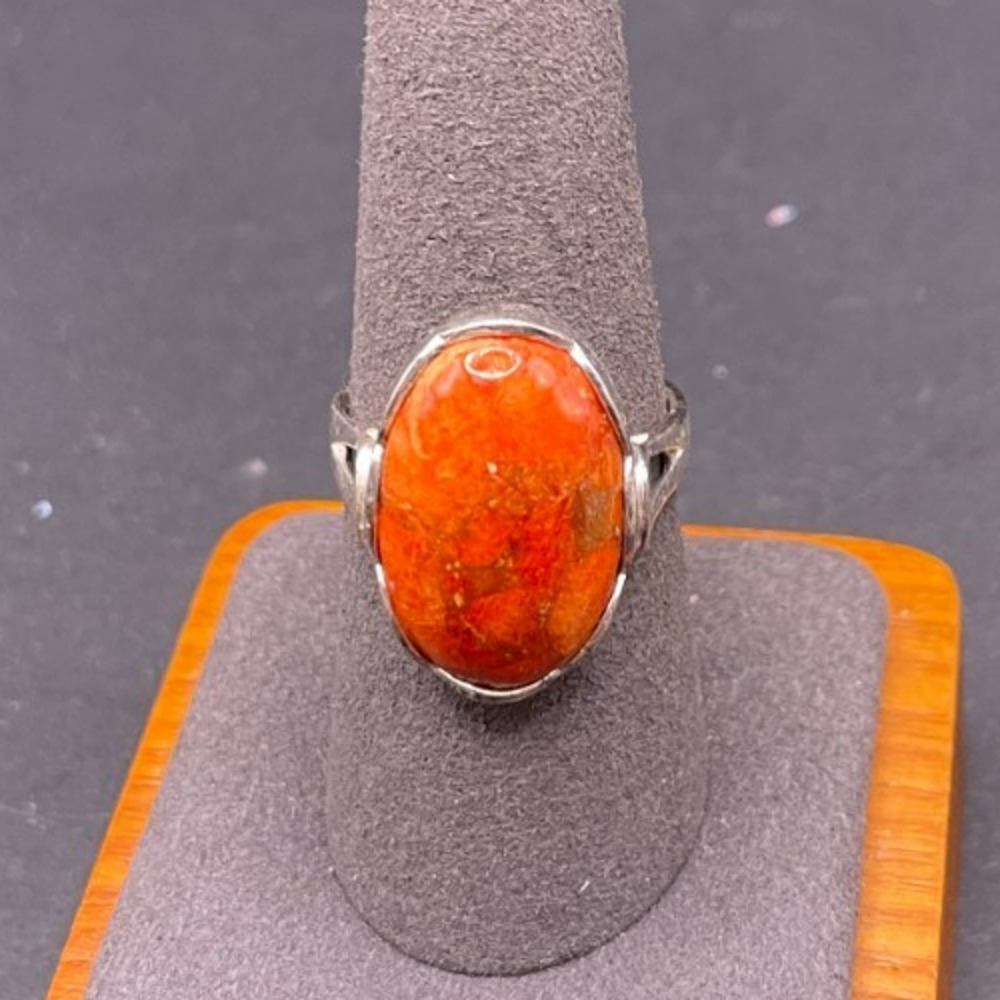 925 Sterling Silver NK Thailand Oval Orange Spiny Oyster Ring Size 8.5 Filigree